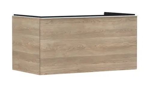 Küchenschrank in Holzoptik mit einer Schublade, gefertigt von Hansgrohe, ausgestattet für einen Aufsatzwaschtisch, mit glatter Oberfläche und einem klaren, funktionalen Design.